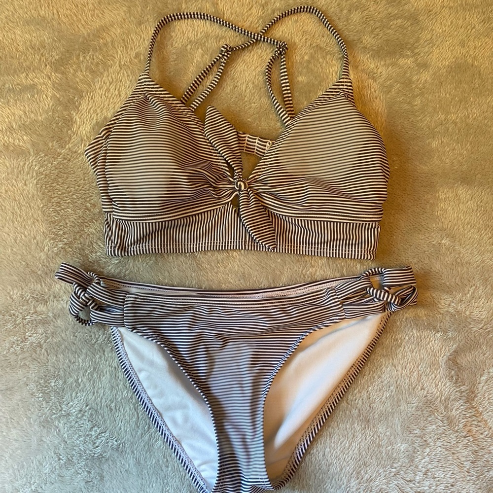 Gray and white striped swimsuit